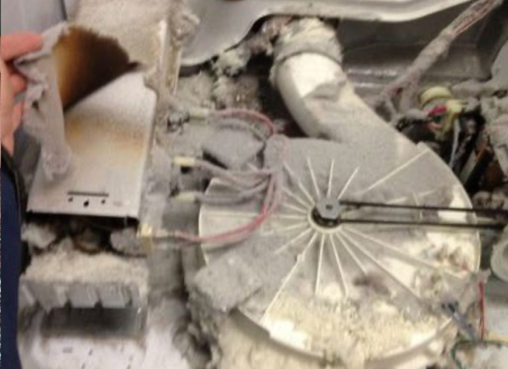 clothes dryer motor covered in lint and flammable dust